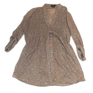 Pre-Owned Timing Brown Floral Pleated Button Blouse 3/4 Sleeve V-Neck Size M